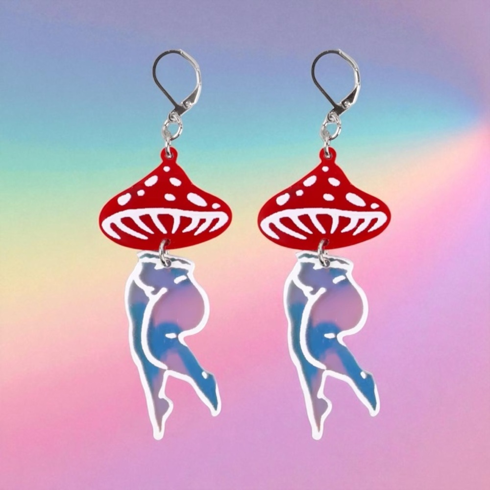 Lady Legs Mushroom Black Light Acrylic Kitschy Earrings